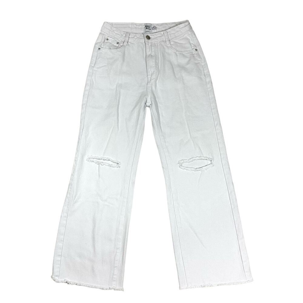 Princess Polly White Wide Leg Jeans High Waisted Raw Hem Distressed Size 6